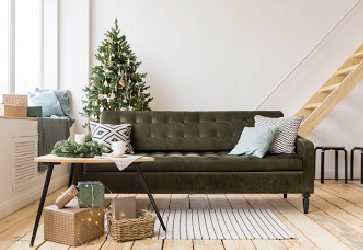 a green couch in a tidy holiday room